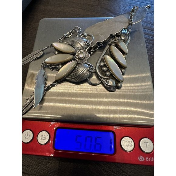 Navajo Mother of Pearl & Sterling Silver 3 Panel Statement Necklace w Feathers - Picture 13 of 14